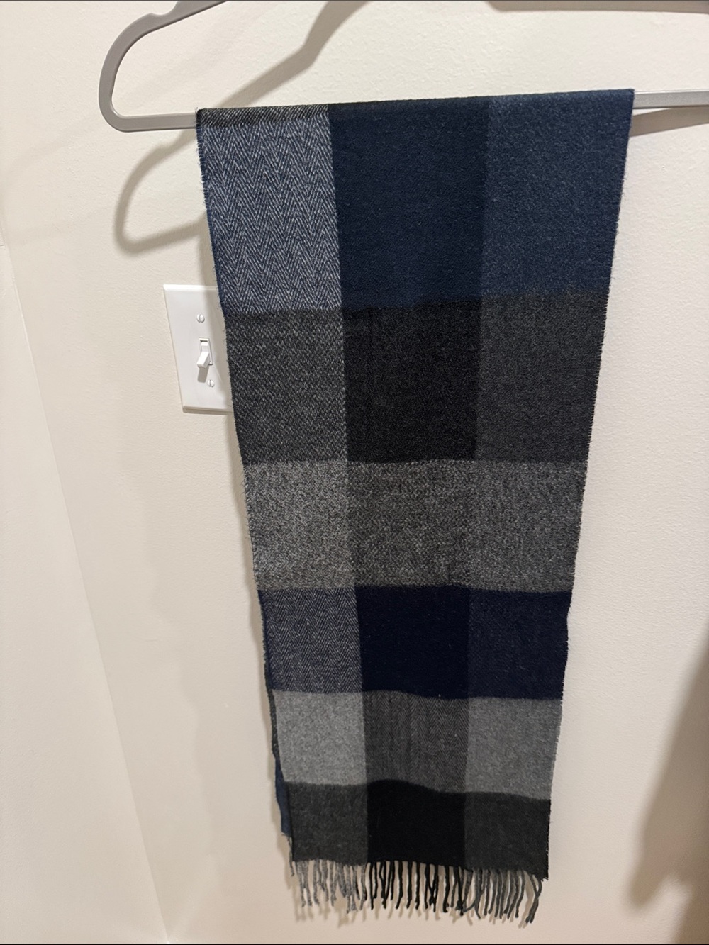 Plaid Fringe Scarf in Navy and Gray